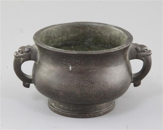 A Chinese bronze and silver wire inlaid gui censer, 17th/18th century, width 12cm, shallow dent to foot